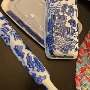 Authentic blue willow butter dish and mini rolling pin